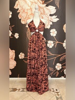 ROMANTIC Dusty Peach-Rose Floral Halter Maxi Dress with Open Back Cutout